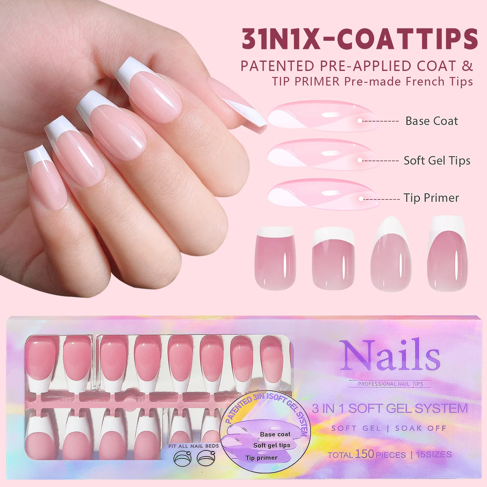 

French Gel X Tips Press On Ballerina Coffin Almond Square Fake Nails Premade Designed Full Cover French Soft Gel Nail Tips