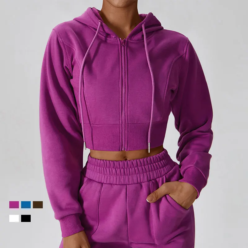 

Women Fashion Full Zip Cropped Hooded Jacket Sweatshirts Fall Winter Fleece Track Suit Jogger Coat Workout Gym Crop Top