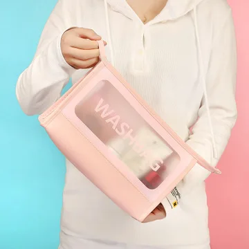 

Wholesale Transparent PU Waterproof Cosmetic Bag Women Makeup Bag with Zipper Portable Handbag Travel Kit, Pink, white, black