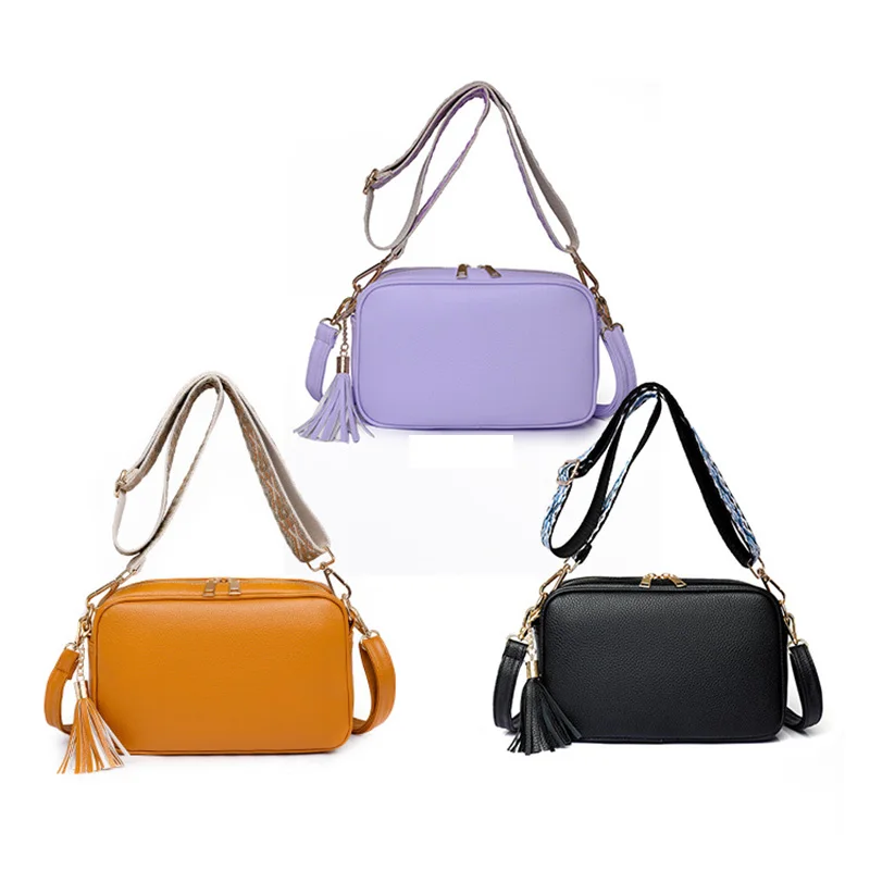 

Hot Selling Multi Color Crossbody Zipper Bag Messenger Camera Leather Handbag With Tassel