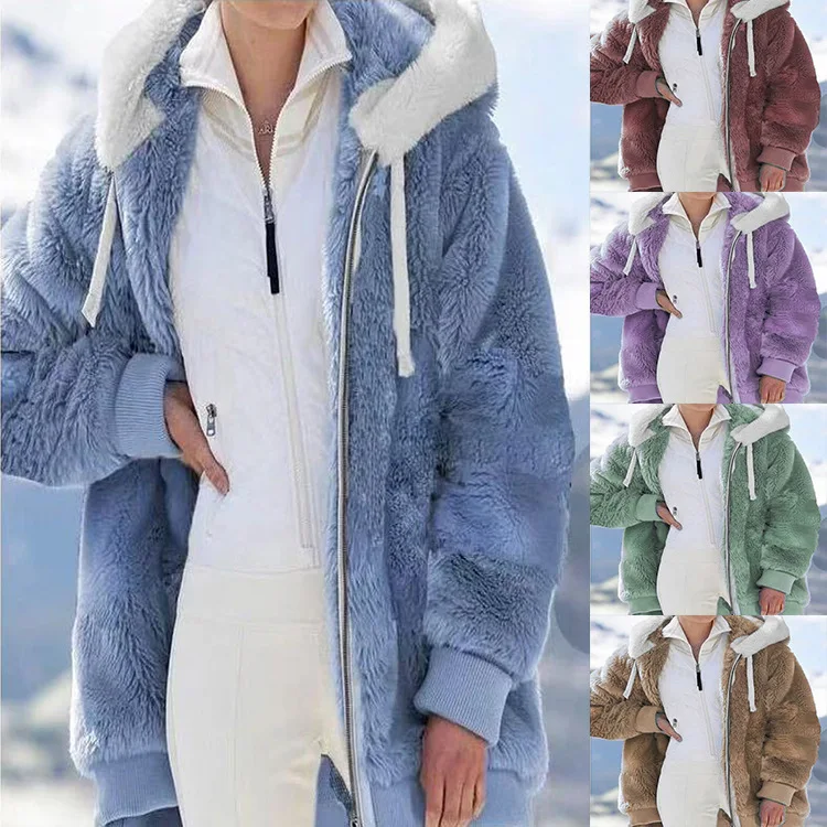 

2021 new autumn and winter loose plush zipper hooded coat woman, Picture showns