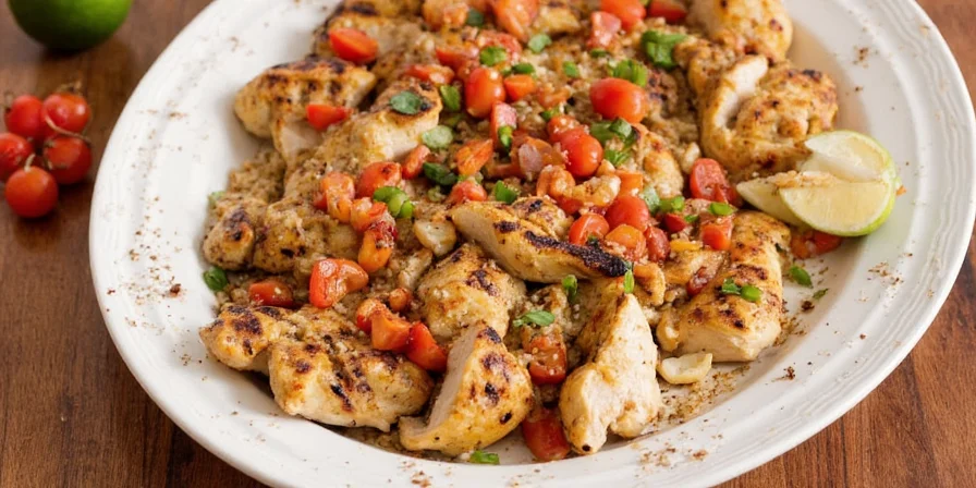 Lemon herb grilled chicken served with olives and tomatoes