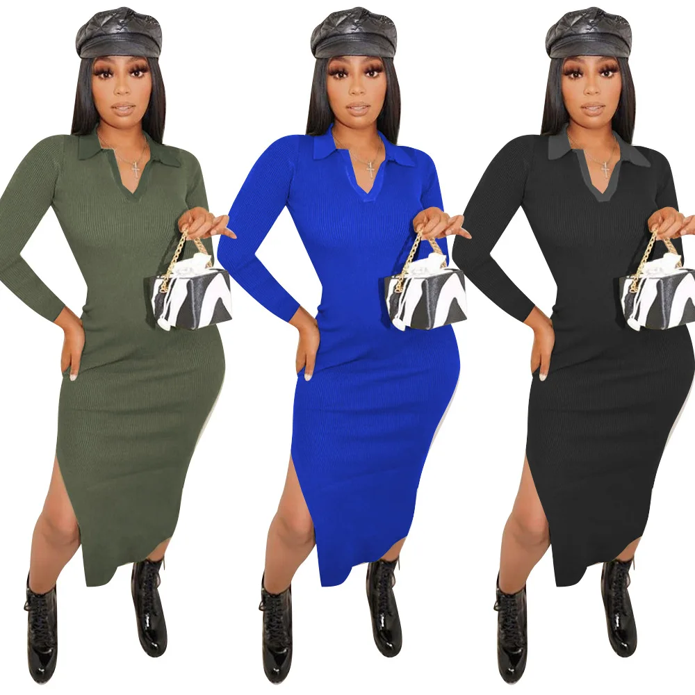 

2022 Hot Sale Solid V Neck Casual Dress Backless Bandage Split Dress For Women Thread Knitted Long Dress