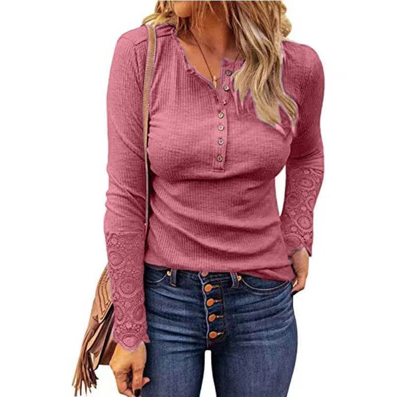 

2021 USA The New Explosive Round Collar Stitching Lace Sleeve Loose Pure Color Long Sleeve T Shirts For Women Wholesale