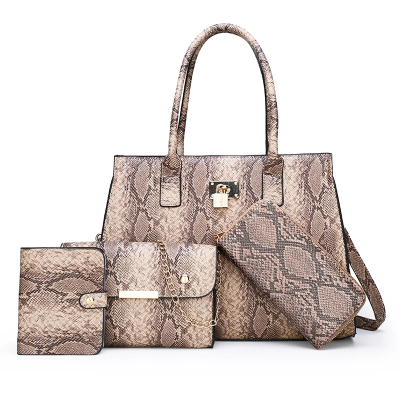 

Fashion handbag designer snake print 4 set handbag, Red yellow gray khaki