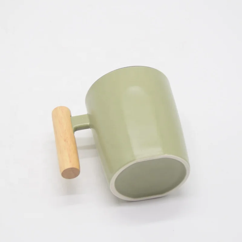 

High quality factory stocked porcelain mug cheap glazed ceramic wood handle grey color water cup, As picure or customized