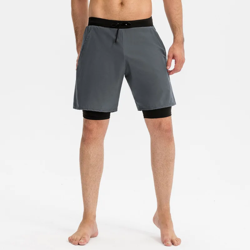 

Men 2 in 1 Running Shorts Security Pockets New Summer Sports Shorts Men's Half Pants Fake Two Piece Fitness Shorts, As pictures