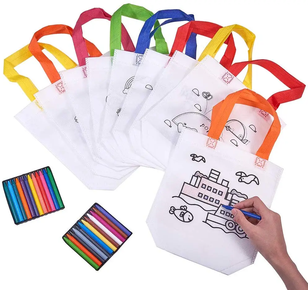 

NonWoven Eco-Friendly Coloring Tote Bags Blank and Colorful Crayons DIY Coloring Bag for Kids, Any color is acceptable