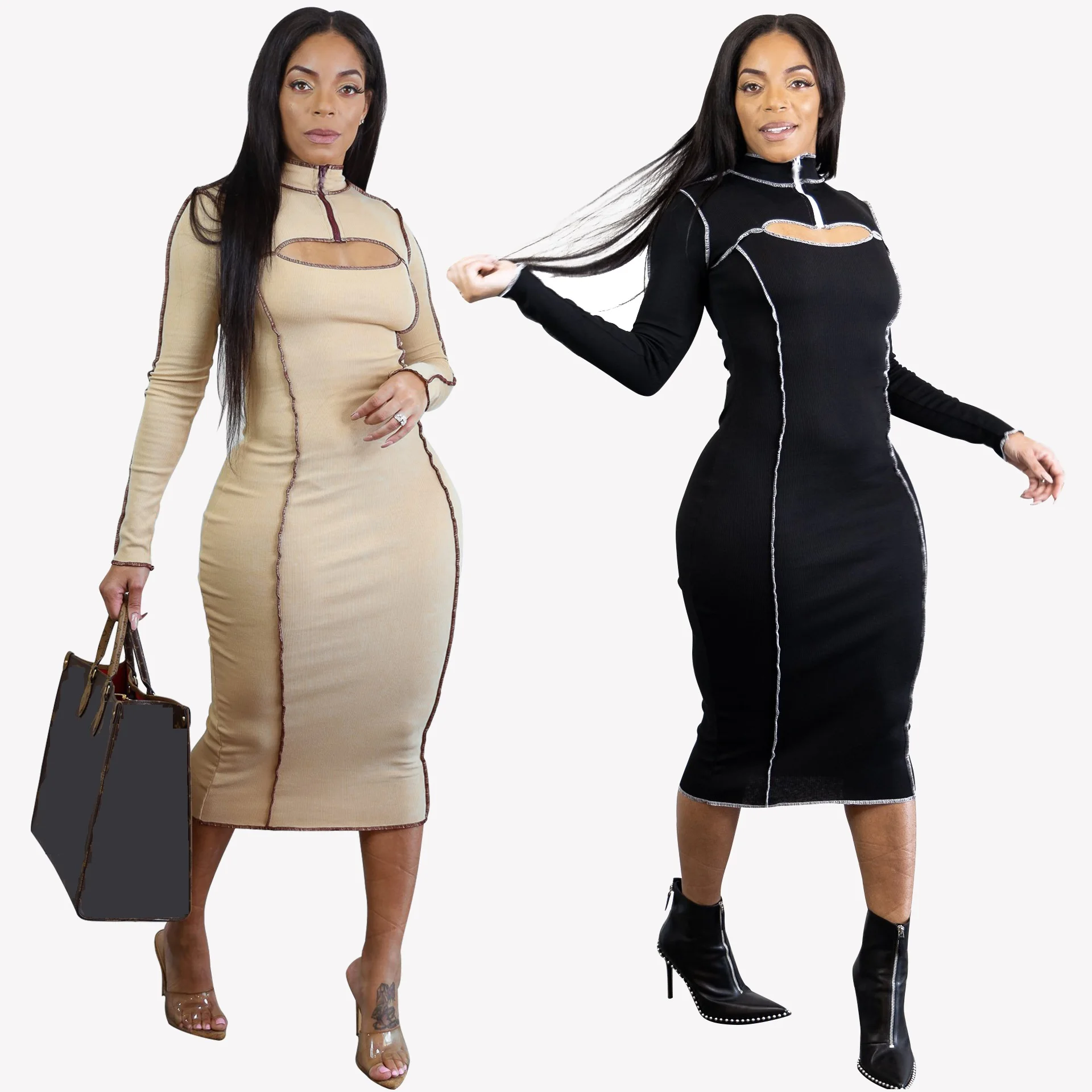 

Sexy Long Sleeve See Through Women Bodycon Dress Fashion Fall Zipper Ribbed Hollow Out Knitted Dress, Picture color