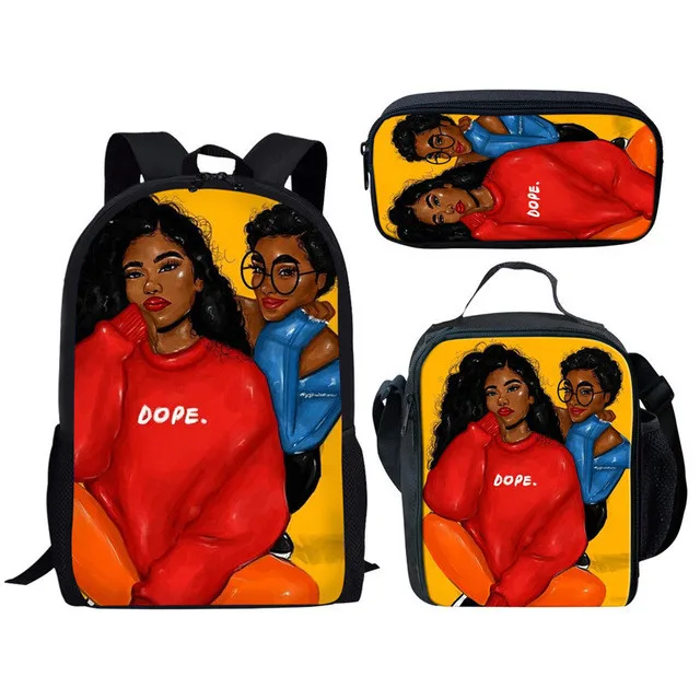 

Black Women American African Girl Print Cute Student Backpack 3 In 1, School Bags + Lunch Box + Pencil Case Teens Bookbag Set, Customized your own school backpack