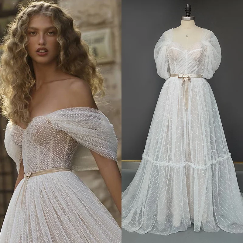 

8450#Gorgeous Champagne Sweetheart A-Line Bohemian Dot Mesh Wedding Dress Tulle Backless Corset Bridal Gown Sweep Train