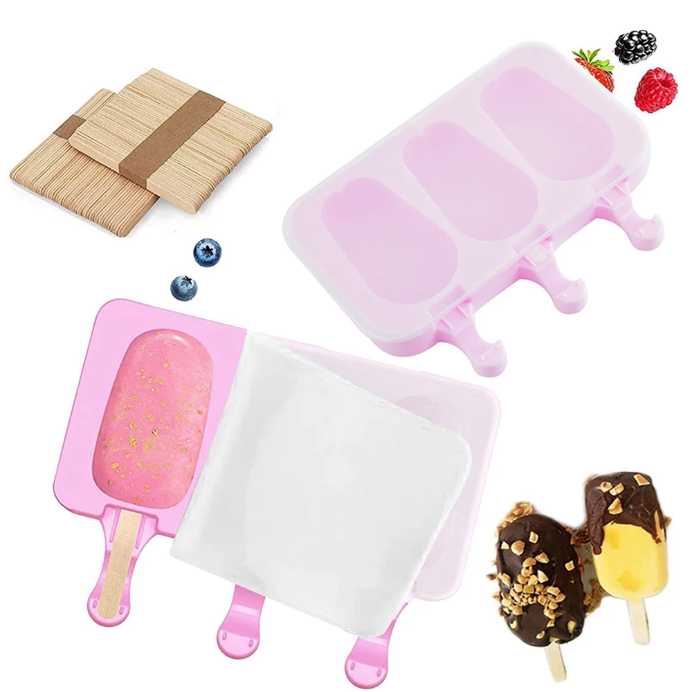 

3 Cavities Silicone Ice Cream Mold Popsicle Molds with 50 Wooden Sticks DIY Homemade Cartoon Ice Cream Popsicle Ice Maker Mould, Pink
