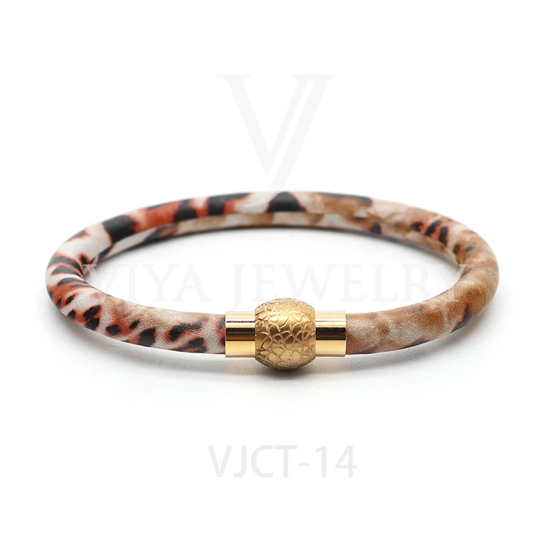 

Hot Sale 6mm Quality Real Cow Leather with Leopard Print Bracelet Magnetic Lock Bangle