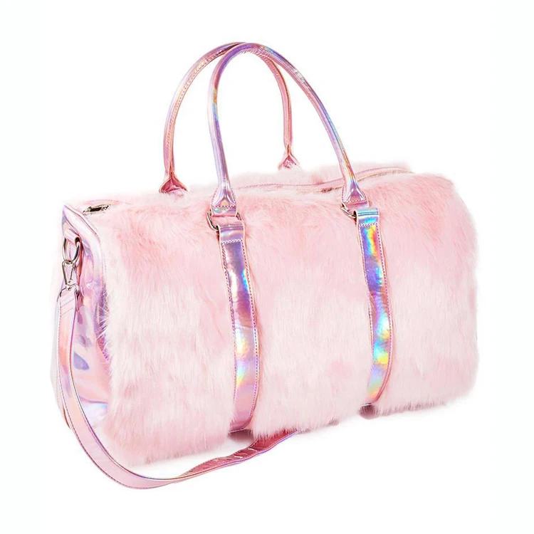 

Winter Fashion Holographic Laser Plush Duffel Bag Ladies Plush Travel Duffle Bag For Women, Pink