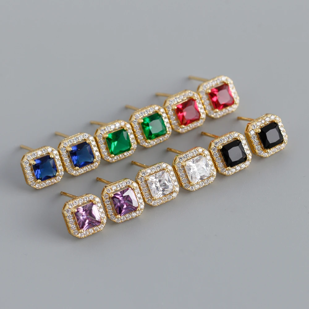 

fashion 925 silver square shape blue green cz diamond stud earrings gold plated for women jewelry