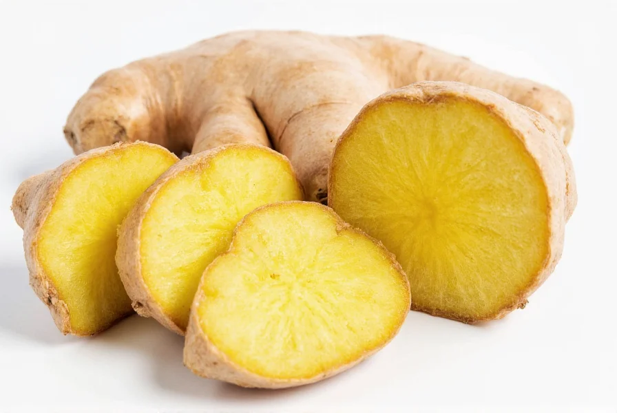 Fresh ginger root with sliced pieces showing fibrous interior and close-up of ginger compounds molecular structure