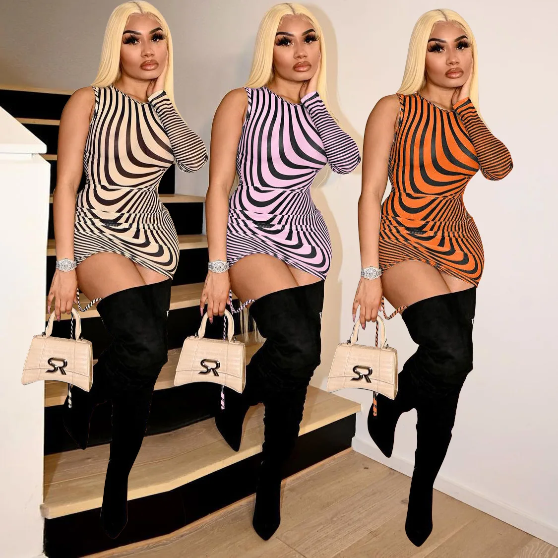 

2021 Summer New Arrivals Skinny Striped Print One Shoulder Long Sleeve Stylish Sexy Dress Women Casual Dresses