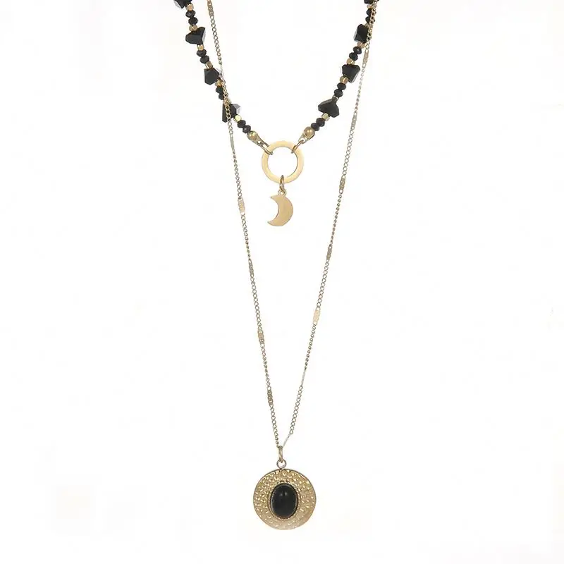 

Stainless Steel Golden Chain Colar Black Stone Round Coin Pendant Choker Eid Half Moon Black Beads Necklace