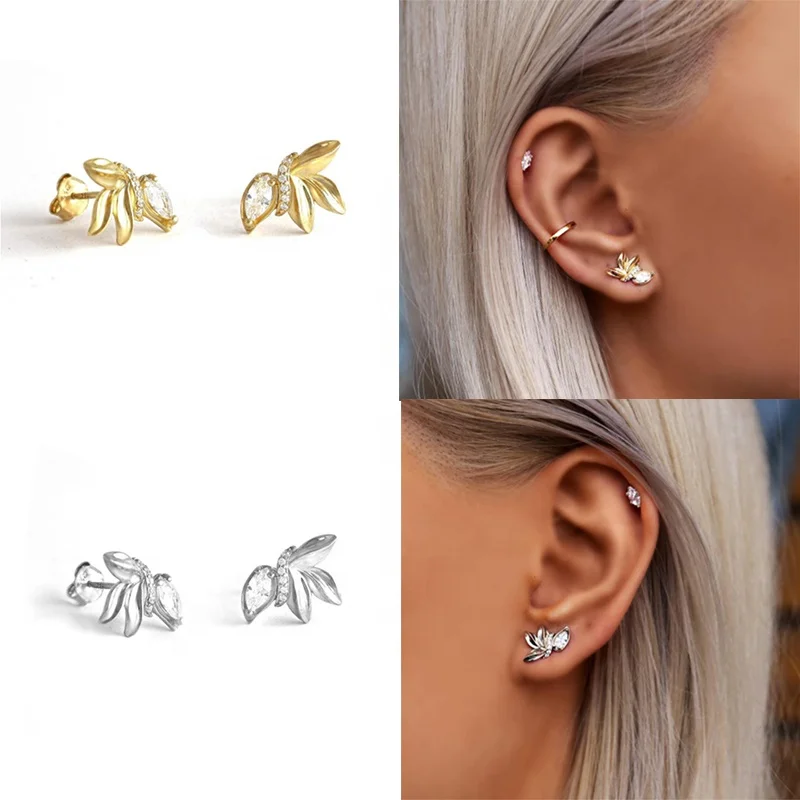 

New Trendy 925 Sterling Silver Stud Earrings Mini Olive Leaf Cubic Zircon Stud Earrings For Women, Gold and silver