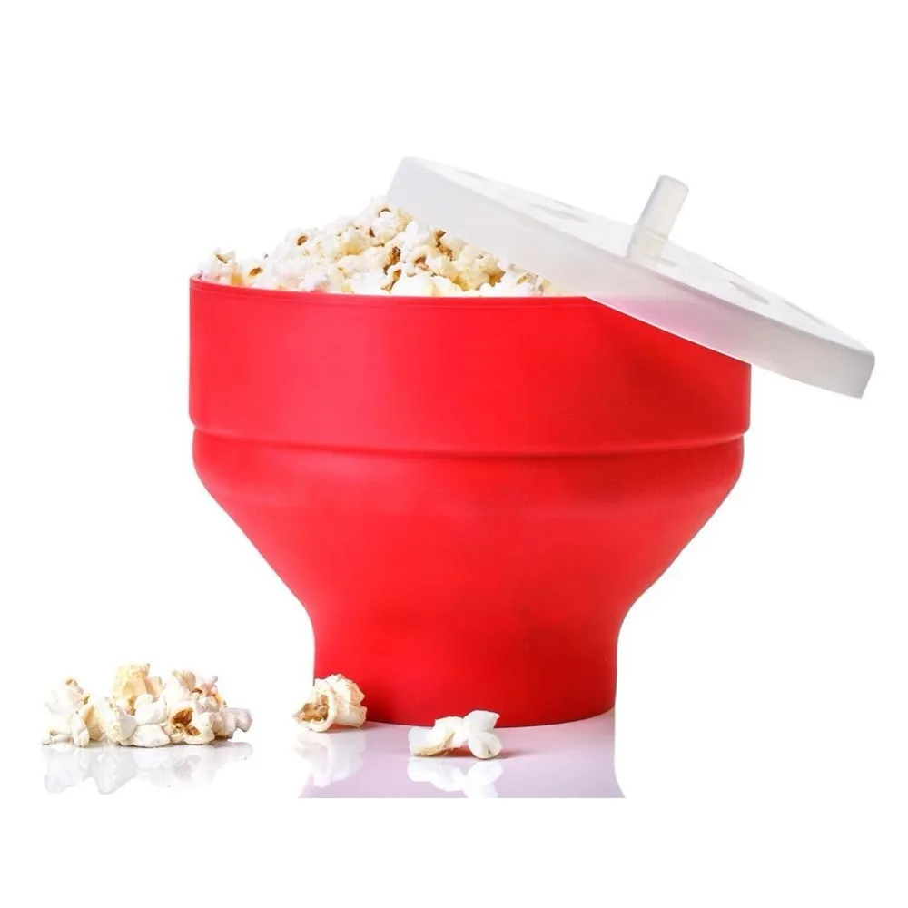 

2021 New Popcorn Microwave Silicone Foldable Red High Quality Kitchen Easy Tools DIY Popcorn Bucket Bowl Maker With Lid, Customized color