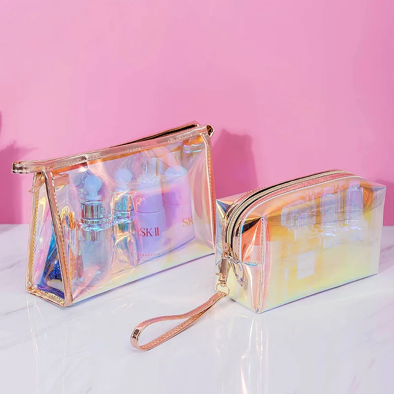 

2021 Holographic laser TPU pink makeup brush bag transparent waterproof cosmetic bag with zipper, Picture