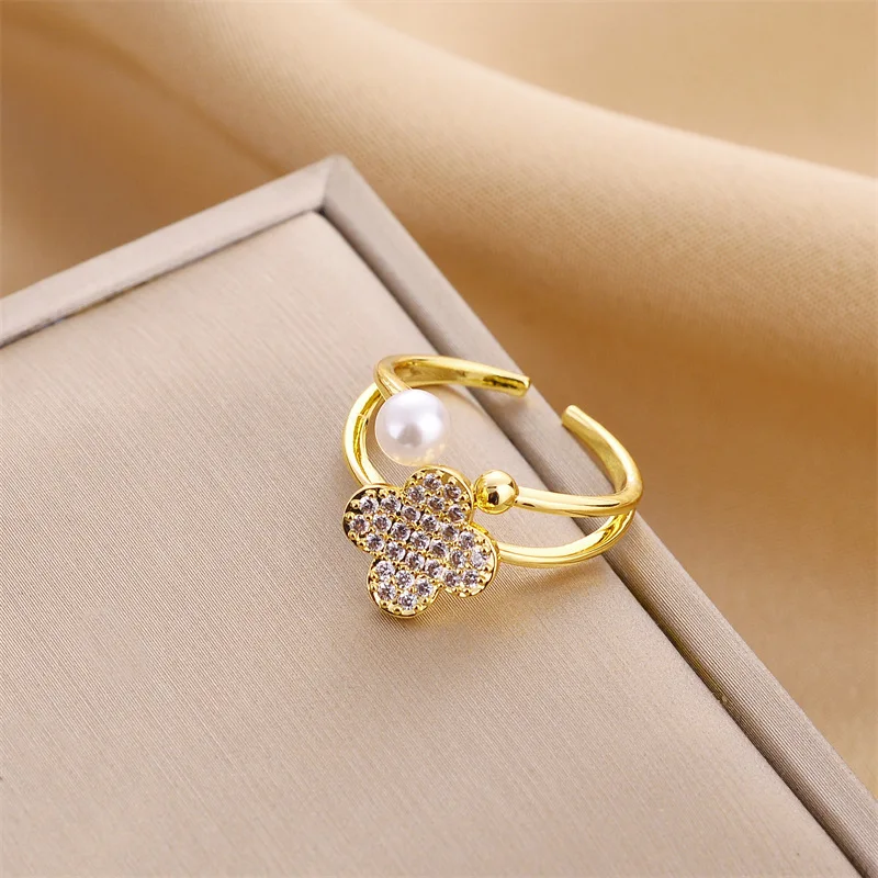 

2 Layer Fashion Jewelry Women Cuff Ring Tarnish Free 18K Gold Plated Zircon Four Leaf Clover Charm Adjustable Clover Ring