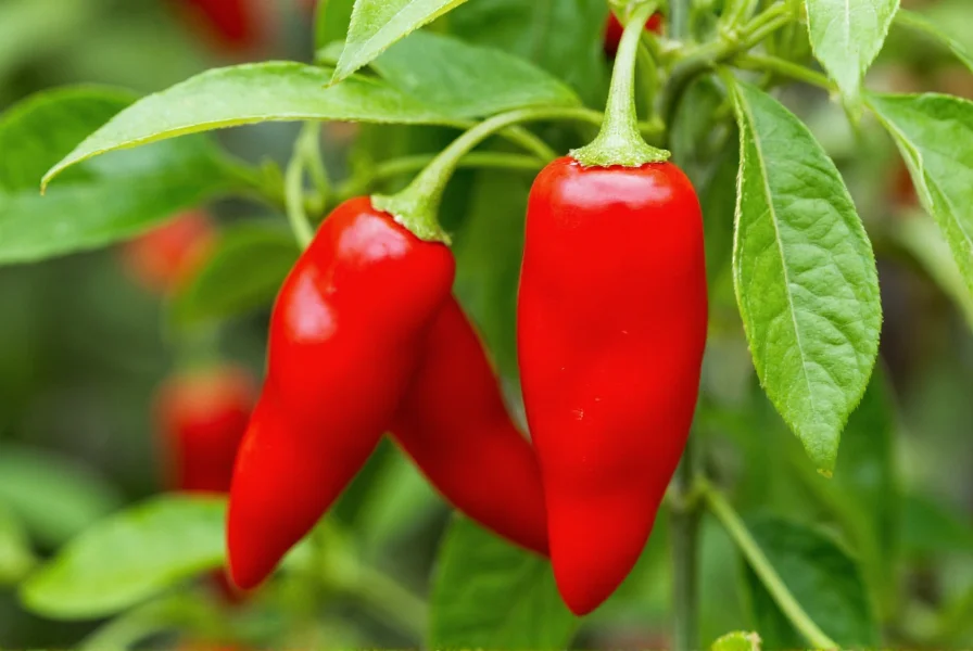 Close-up of bright red bird peppers growing on a bush with green leaves