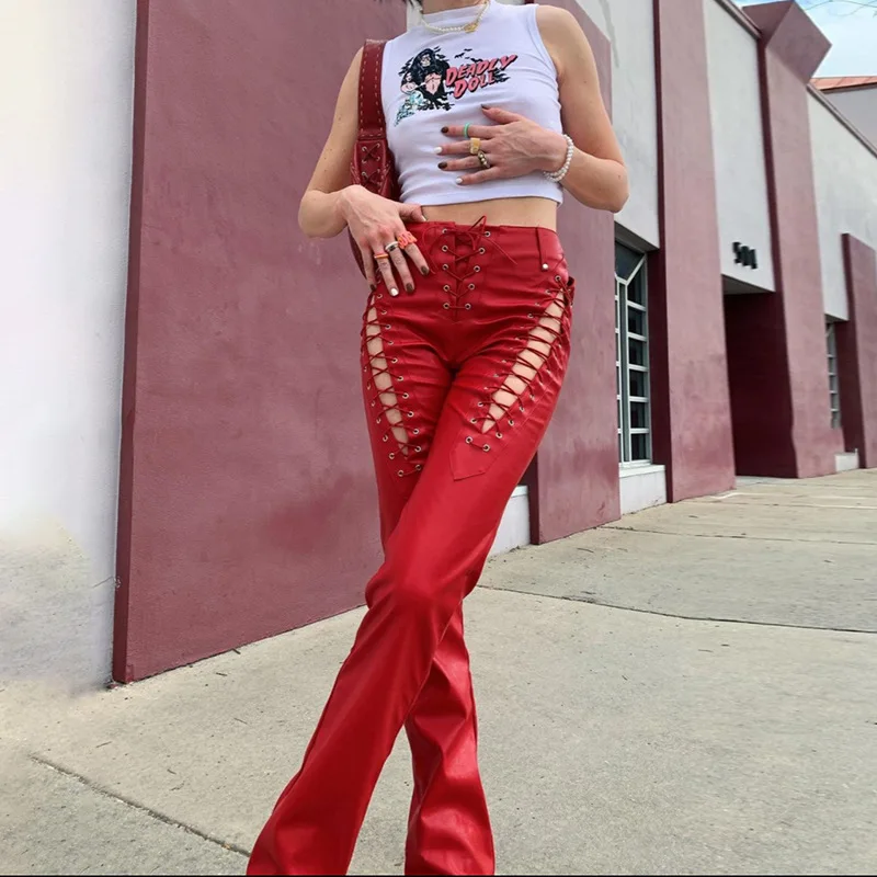 

2021 Fall Trendy Hollow Out Drawstring High Waist Trousers Bottoms Womens Straight Lace Up Red PU Leather Long Pants For Ladies