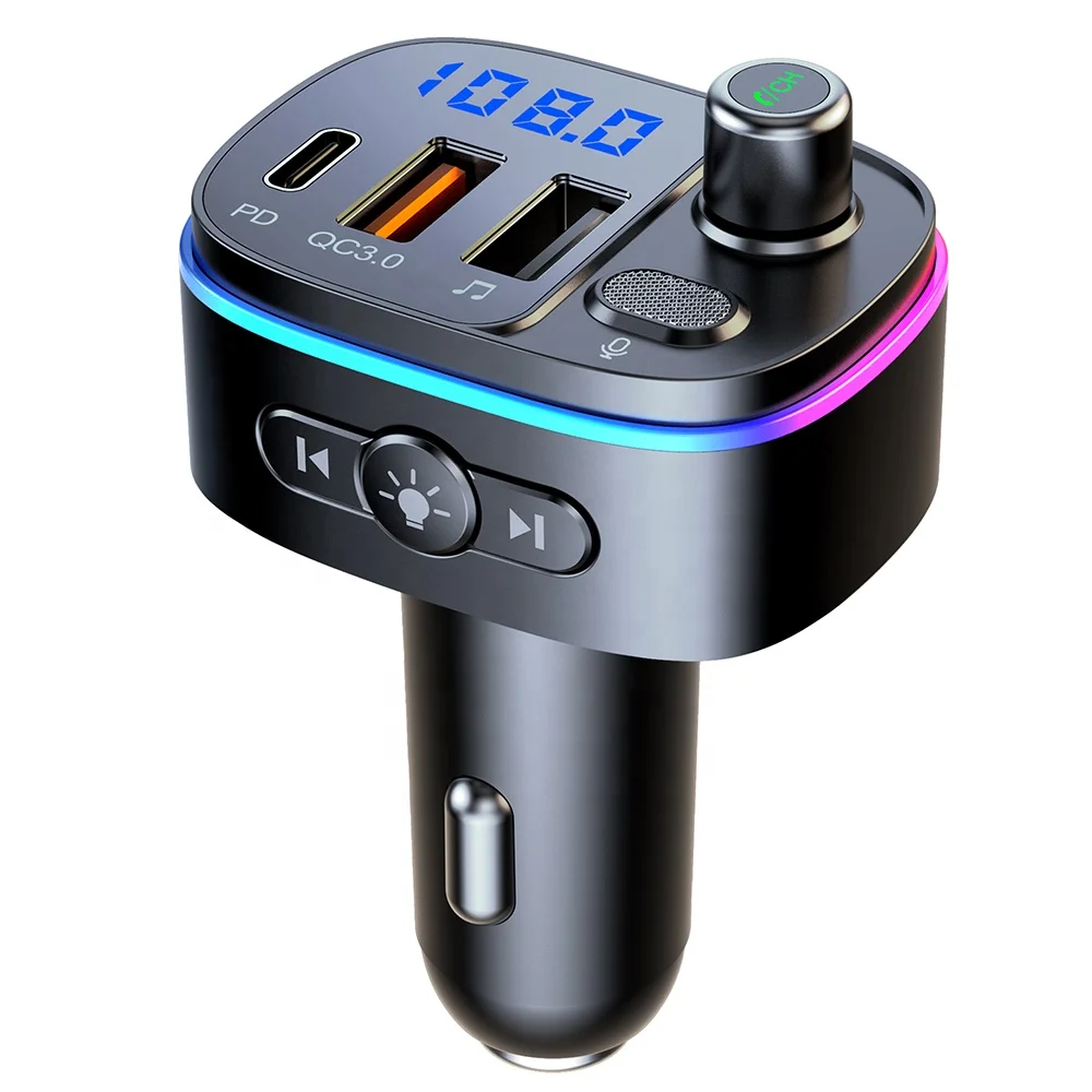

AGETUNR T65 Latest Design Multi Led Light PD Port Support Apple Charging Stereo Car Bluetooth 5.0 MP3 Player FM Transmitter, Black