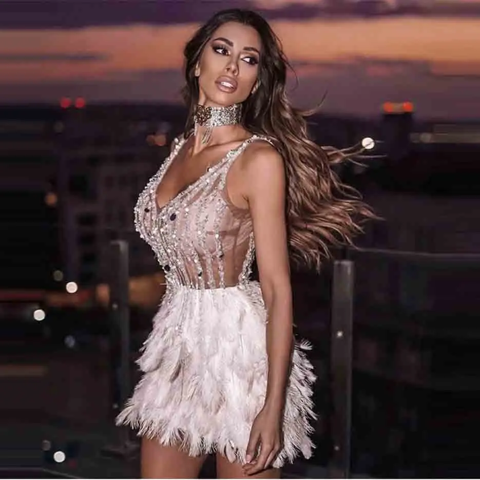 

C2238 fashion Design Sleeveless Dresses Sexy V Neck Tassel Sequin feather Summer Ladies mini bandage dress for women