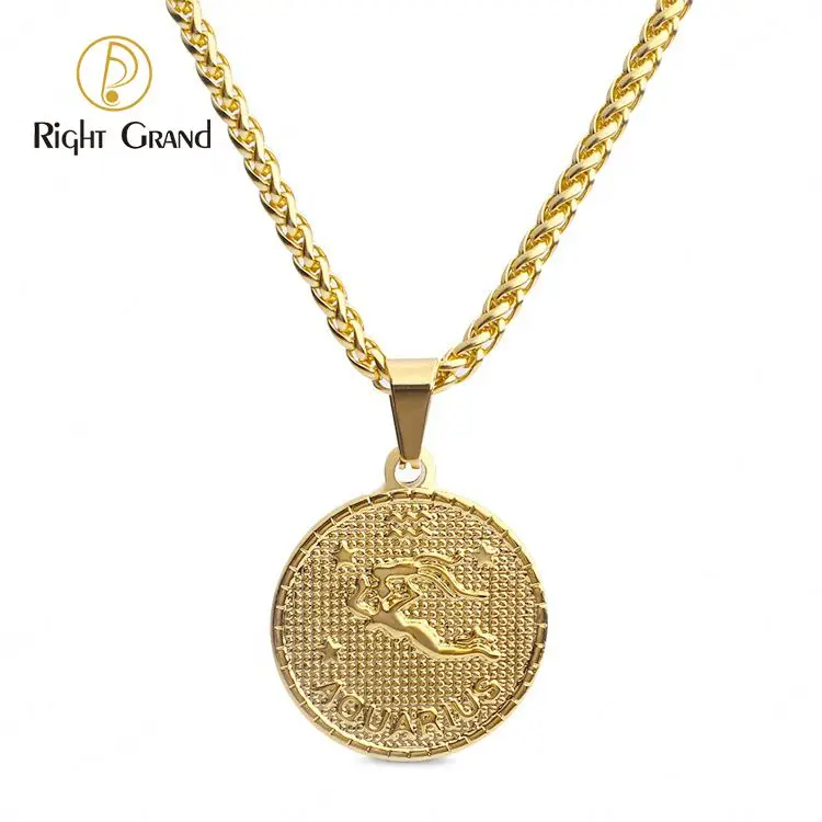

Right Grand Stainless Steel Gold 12 Zodiac Signs Symbol Horoscop Coin Pendant Chain Necklace, Steel, gold, rose gold
