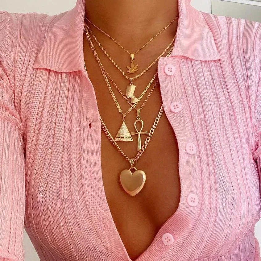 

2020 European and American fashion Charm Multilayer Gold Chain Love heart Pendant Necklace women necklace set, Gold color