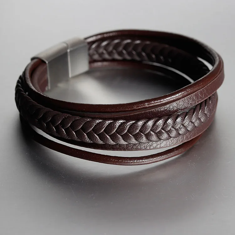 

Top Selling 2020 Handcraft Knitted Bracelets Handmade Stainless Steel Bracelet Men Multilayer Genuine Leather Bracelet, As picture