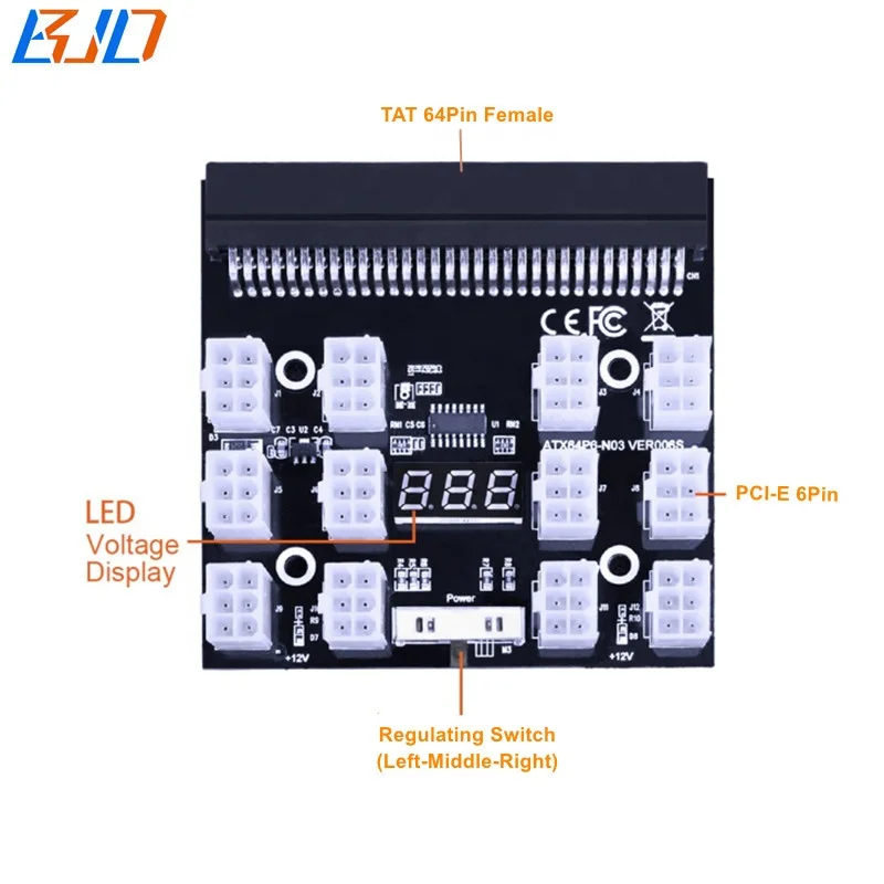 

Wholesale 12 Ports PCIe 6pin 12V PSU Power Supply Breakout Board for HP 1200W 1000W 750W, Black