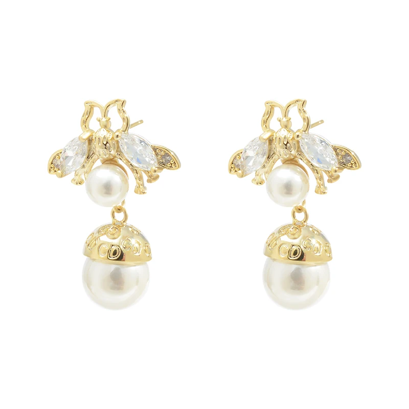 

ED64615 Korean cute pearl dangle hypoallergenic bee earrings fashion 14k gold plated women jewelry