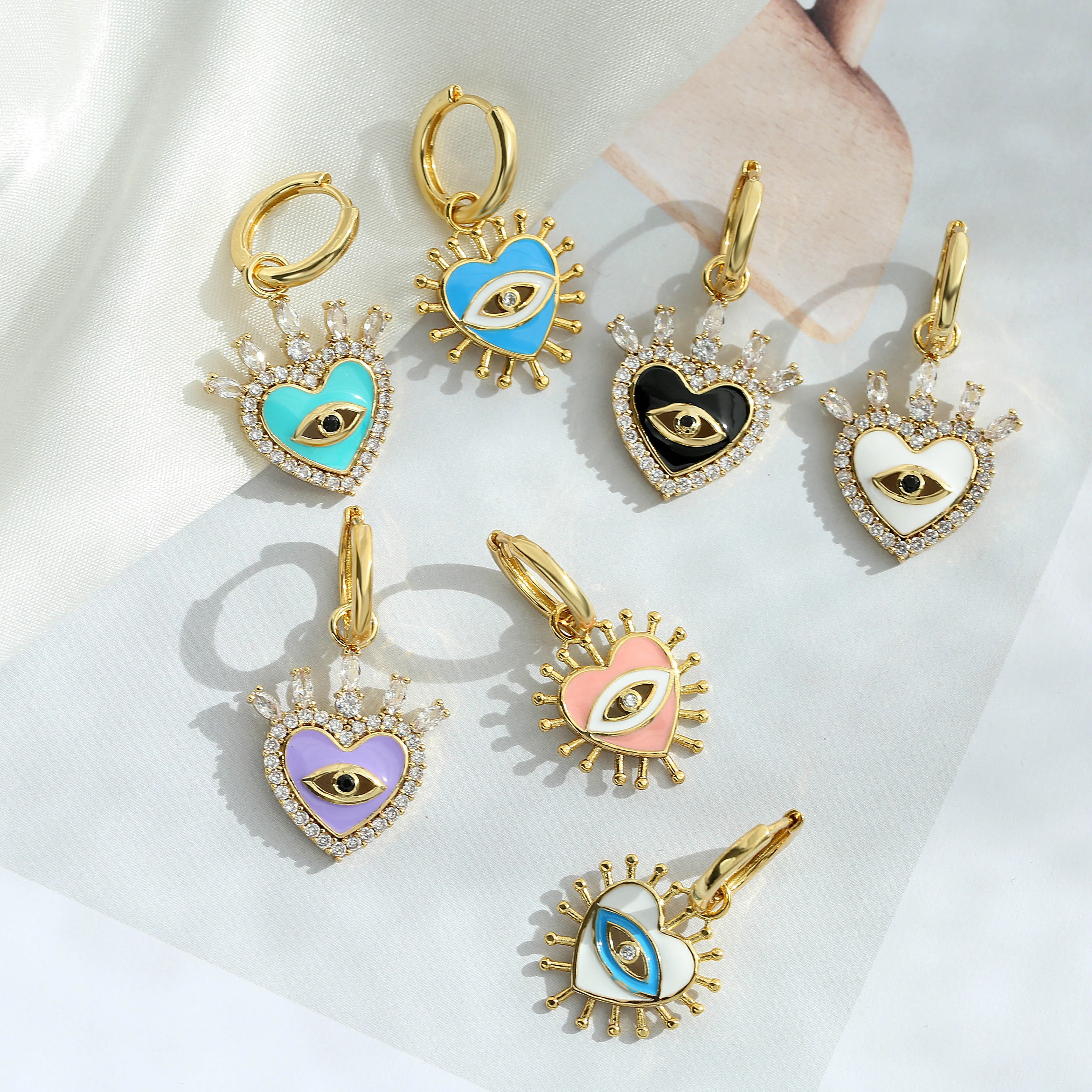 

New design fashion jewelry for women 18k gold plated hoop earring colorful Love eyes dripping oil zircon dangle drop earrings