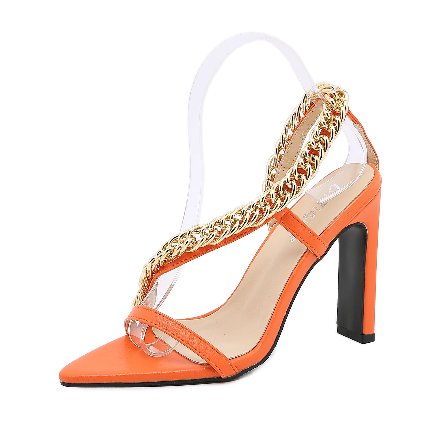 

Dropshipping hot sale ladies heels 2021 chain heels sexy sandals female heel shoes, Black/orange