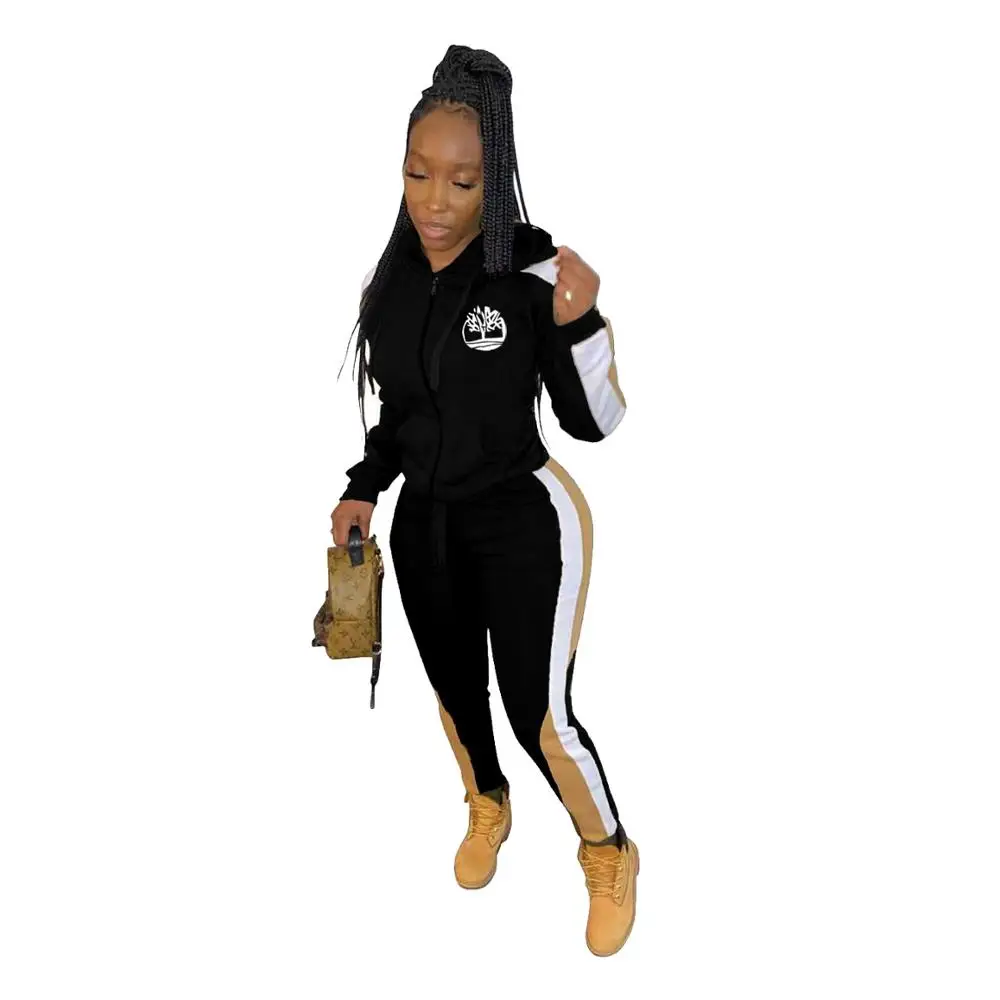 

Wholesale sport patchwork side stripe hooded tracksuits zipper outfits two pieces sets for women