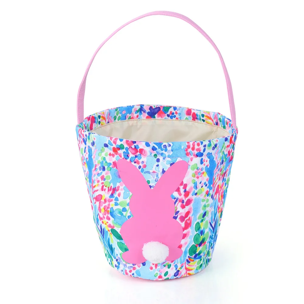 

Easter Bunny Basket Egg Bags for Kids Canvas Cotton Personalized Candy Egg Basket Rabbit Print Buckets with Fluffy Gifts, Red