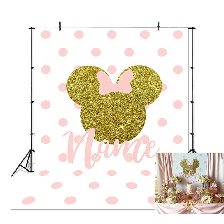 

Minnie Mouse Backdrop Baby Birthday Party Photography Background Pink Bow Point Decoration Backdrops, Customized