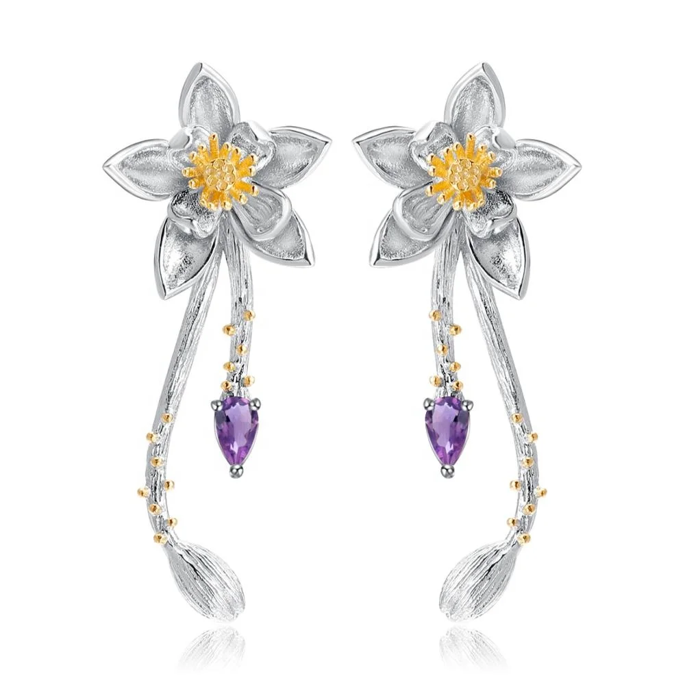 

Abiding Flower Natural Amethyst Gemstone Handcrafted Fashion Gold Plated 925 Sterling Silver Jewelry Earrings Women