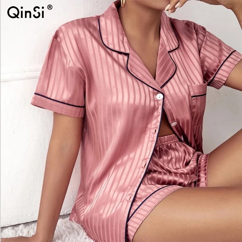 

QINSI Short Sleeve Top with Shorts Sleepwear PJ Set 2023 New S-2XL Women Pajama Striped Silky Satin Pajama Set