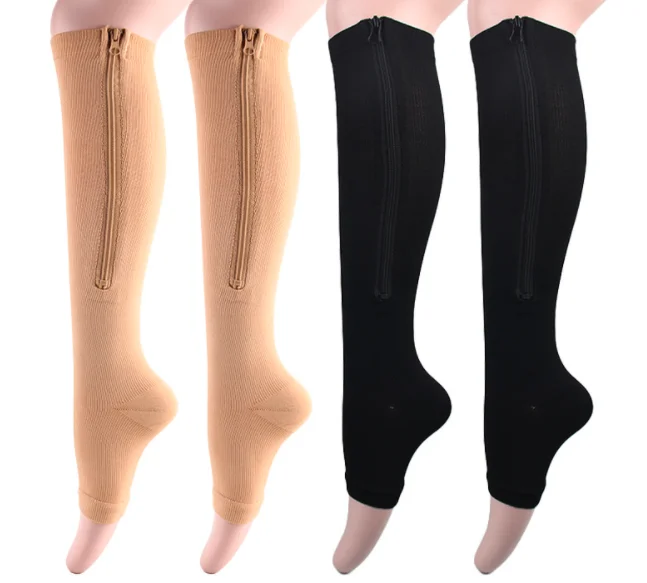 

3 Size 6 Color Directly Manufacturer For High Men Women Burn Fat Zipper Compression Socks Medical, Black /brown