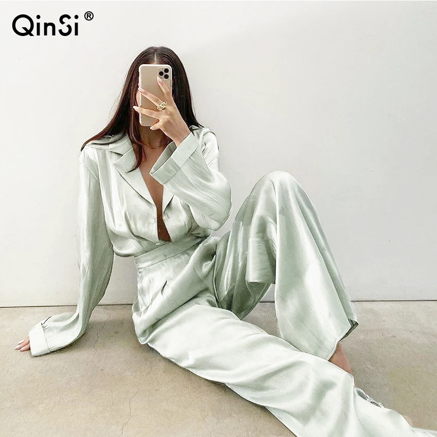 

QINSI 2021 Autumn Woven Sweater Suit Casual New Product Temperament Chain Vest Woven Jacket + Elastic Pants Two-Piece Sets