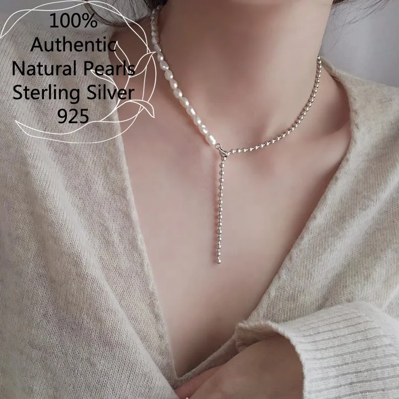 

Korean collarbone choker Baroque 6-8mm Premium Fresh Water Pearl Pure 925 sterling silver Beads Necklace Charm Chain Ins Jewelry