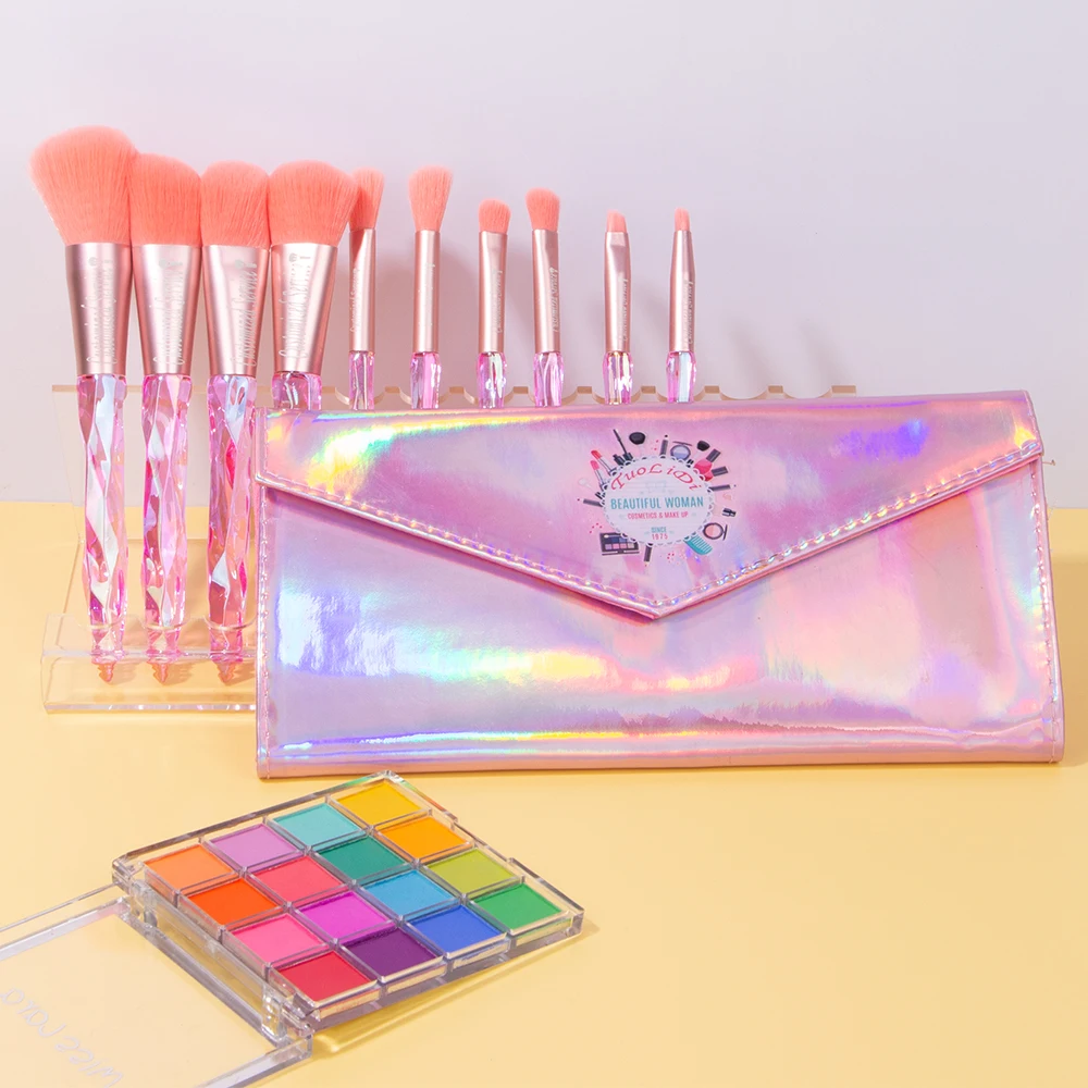 

Custom Logo 10pcs Diamond Crystal Professional Foundation Brush with Plastic Box Makeup Brushes Set