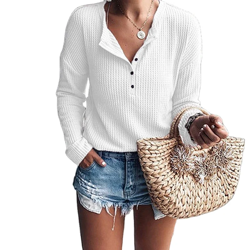 

New Fashion Women Autumn Winter V-neck Button Long Sleeve Slim Solid Color Casual Blouse Shirt Tops Knitwear