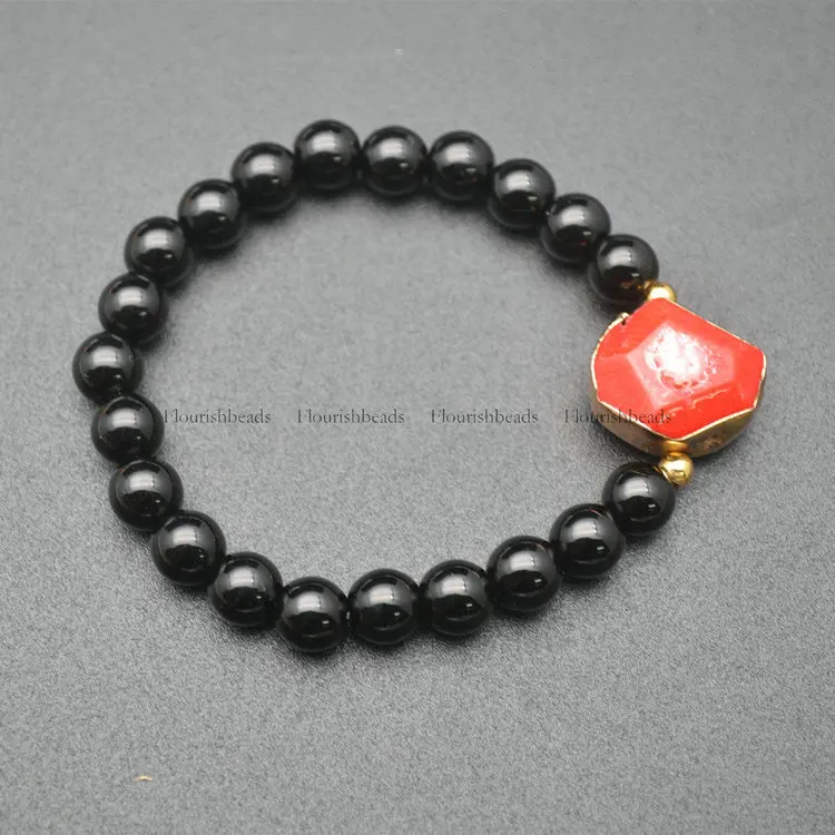 

Natural Black Onyx Agate Roundl Beads Stretch Red Coral Charm Bracelets Fashion Jewelrys