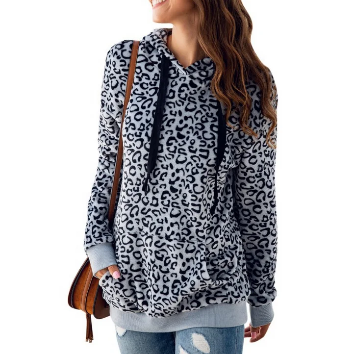 

New Arrival autumn winter long sleeve leopard print pocket women Sherpa hoodie, As picture