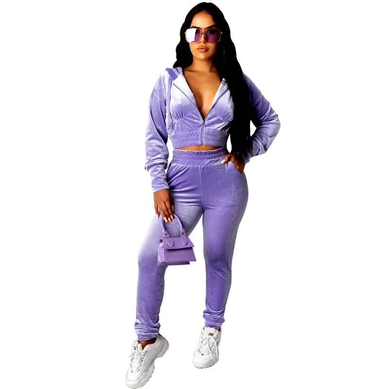 

Drawstring Velvet Hoodie Crop Top Women 2 Piece Set Training Pant Suits, Customized color